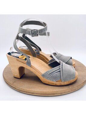 Swedish Hasbeens Shoes Womens 7.5 38 Gray Leather Strappy Wooden Clogs